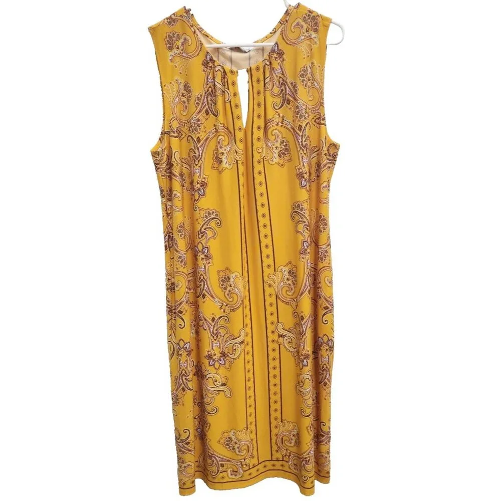 Liz Claiborne BOHO Shift Dress Women XL Yellow Paisley Keyhole Neck Sleeveless - Picture 1 of 7